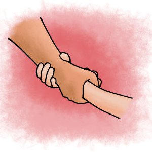 Käsi joka kannattelee. Yhteen tarttuneet kädet. Välittäminen. Lähimmäisenrakkaus. Auttaminen. Piirros